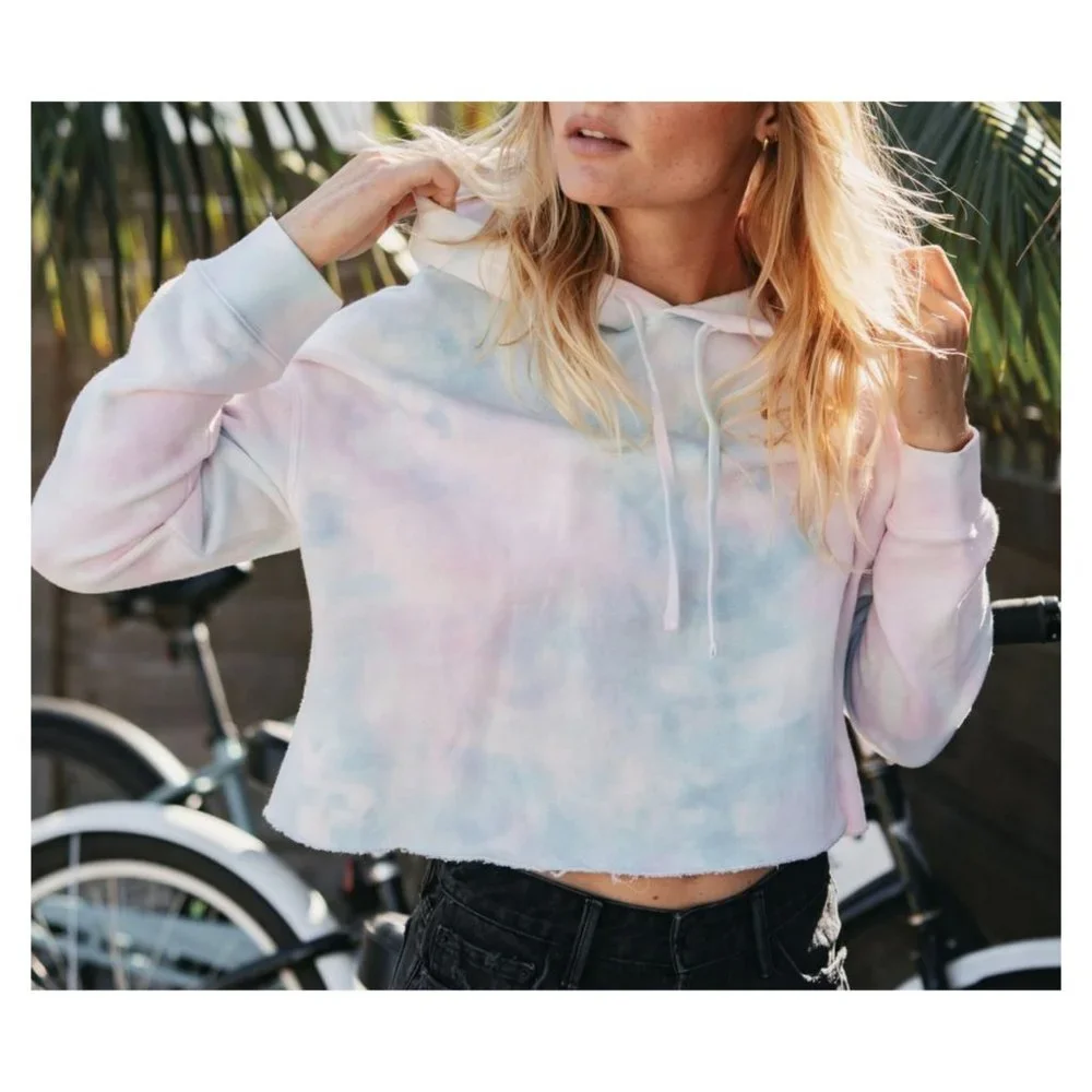 Women’s Crop Hooded Sweatshirt Tie Dyed Hooded Candy Pink & Blue Colors Cotton - Picture 4 of 5